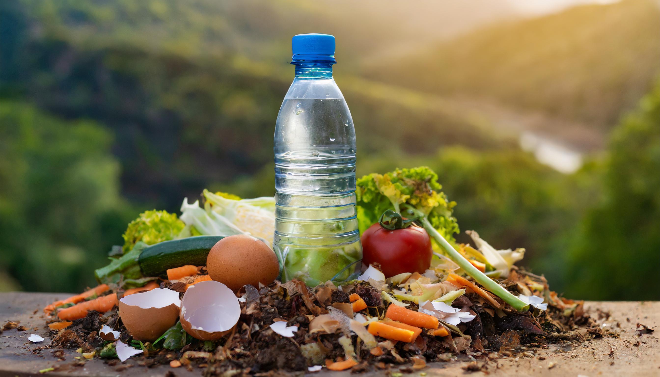 A plastic bottle sits on top of food waste in this AI-gneerated image